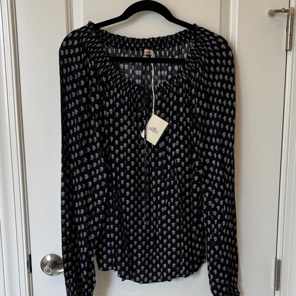 Faherty Navy Long-Sleeve Printed Peasant Blouse